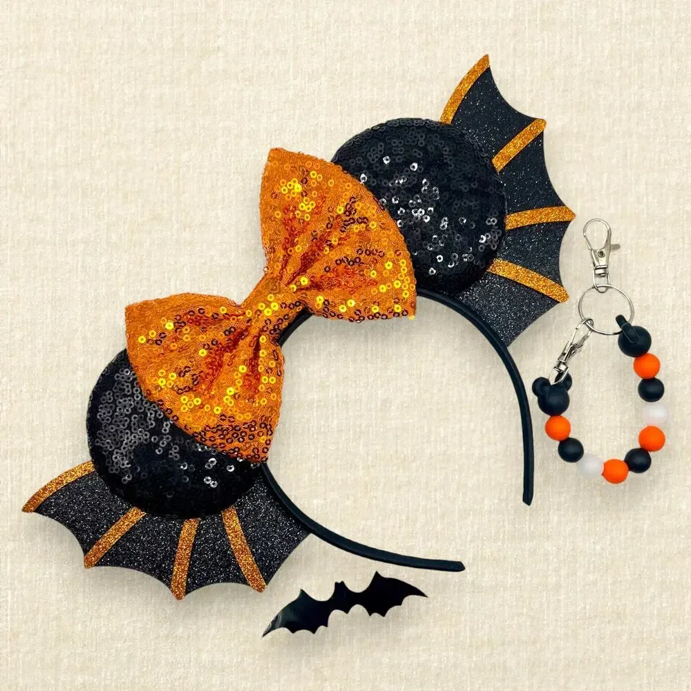 Orange & Black Sequin Bat Minnie Ears | Disney-Inspired Halloween Mouse Ears